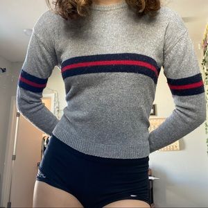gray sweater with a red/black stripe from brandy!!